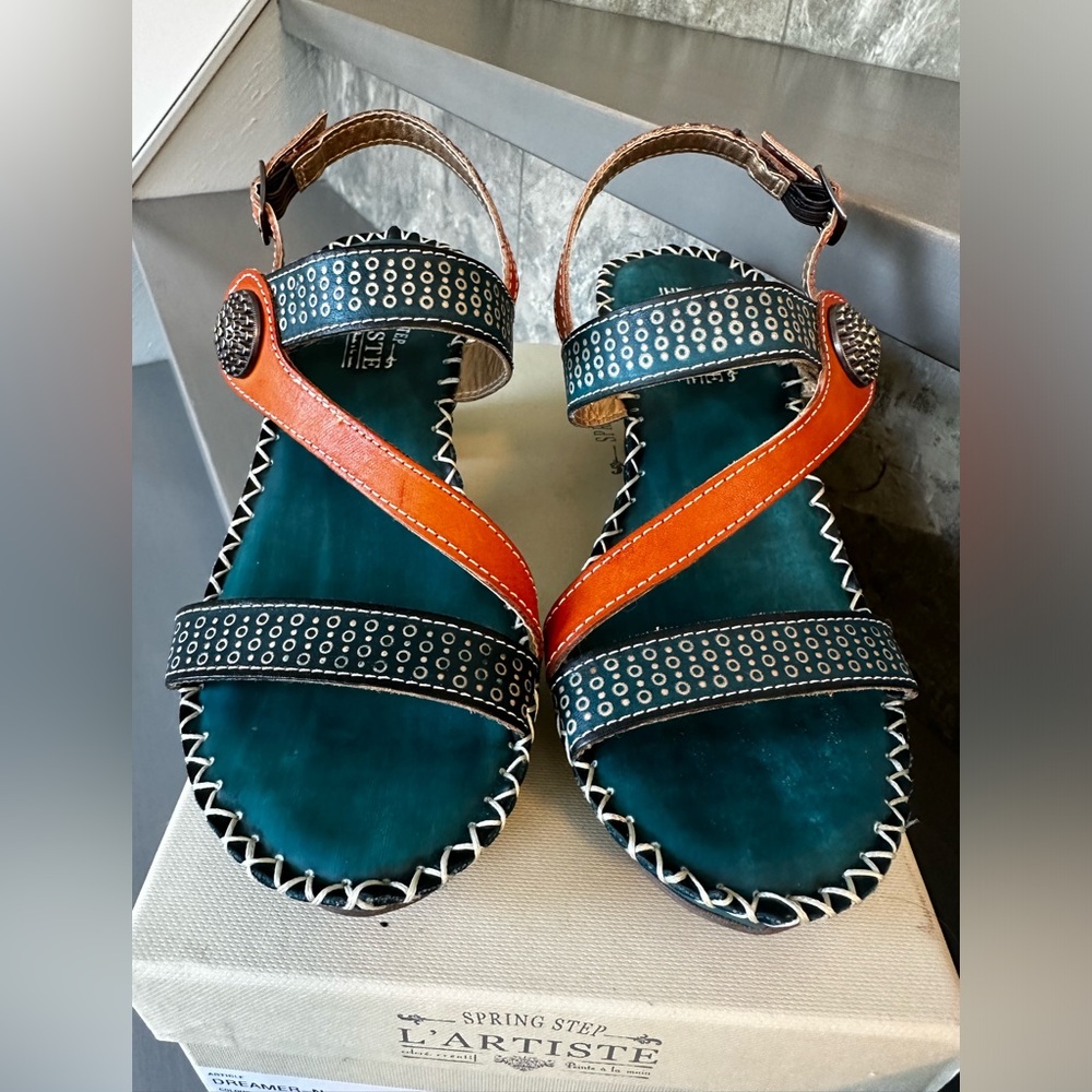Spring Step L’Artiste Sandals, Size 36 (5.5/6), strappy, kitten heel, teal blue